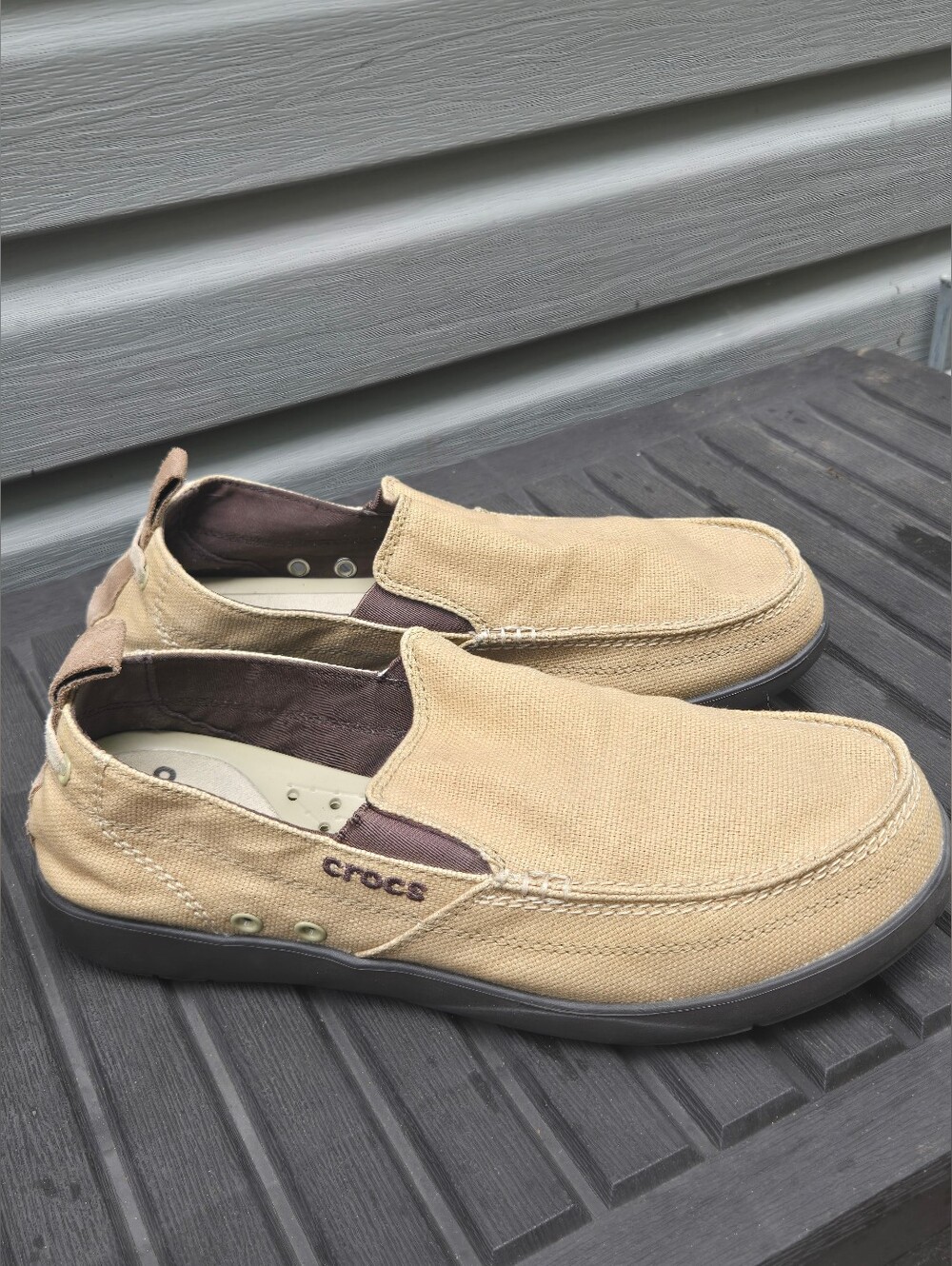 Crocs Santa Cruz Mens Size 10 Canvas Loafers Khaki Tan Slip On Casual Shoes